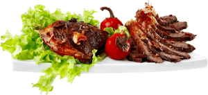Grilled meat with lettuce and cherry tomatoes on a white plate. — Food PNG