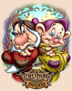 Grumpy and Dopey cartoon dwarfs in a forest with expressive faces. — Grumpy Wallpaper