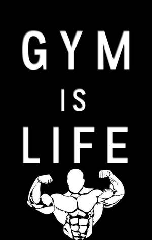 Bold white text gym is life above a muscular silhouette flexing on black background. — Gym Wallpaper