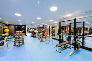 Well-lit indoor gym with weight machines and blue flooring. — Gym Wallpaper