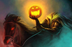 A hooded rider on a dark horse holds a glowing jack-o'-lantern in twilight. — Holiday Wallpaper