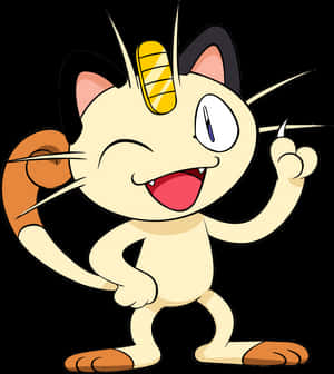 Tegneseriekatt med horn vinker glad mot svart bakgrunn — Pokemon Bakgrunner