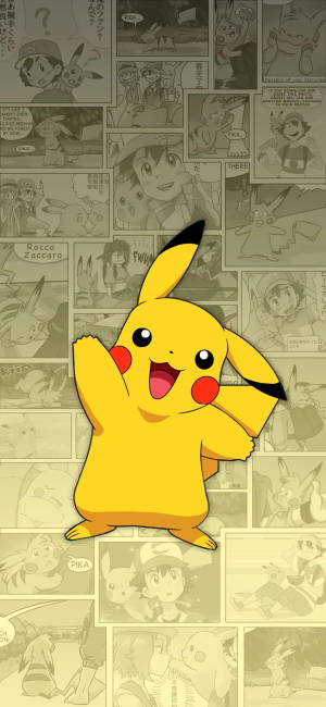 Pikachu vinker glad foran tegneseriepaneler. — Pokemon Bakgrunner