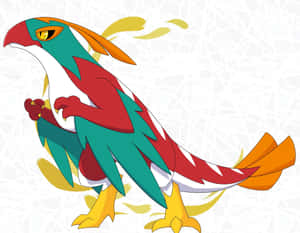 Een kleurrijke anime-vogel met rode, groene en oranje veren in een dynamische pose. — Mac Achtergronden