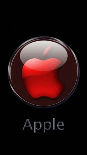 Blankt rødt Apple-logo i kromcirkel på sort baggrund med Apple-tekst nedenunder — Apple Wallpapers