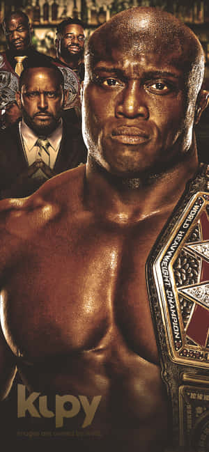 WWE wrestler holding championship belt with teammates behind him. — Fight Wallpaper