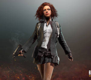 Soldatin mit roten Haaren, die in einer rauchigen, feurigen Umgebung eine Pistole hält. — Pubg Wallpaper