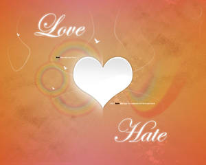 A white heart with the words Love and Hate in cursive script on a warm gradient background. — Legend Wallpaper