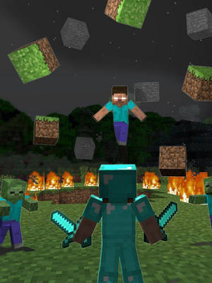 Minecraft player jumping over zombies with floating blocks and torches at night. — Game Wallpaper