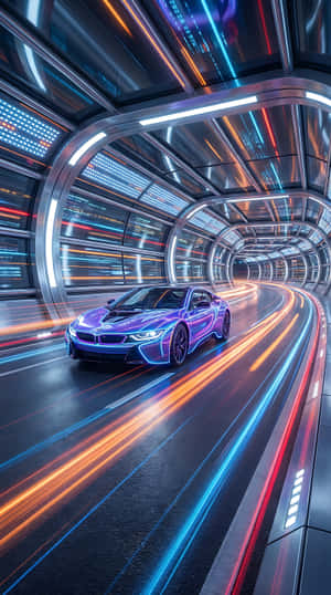 Violetti BMW i8 kiitää neonvalaistun futuristisen tunnelin läpi viuhuvien valojen kanssa.