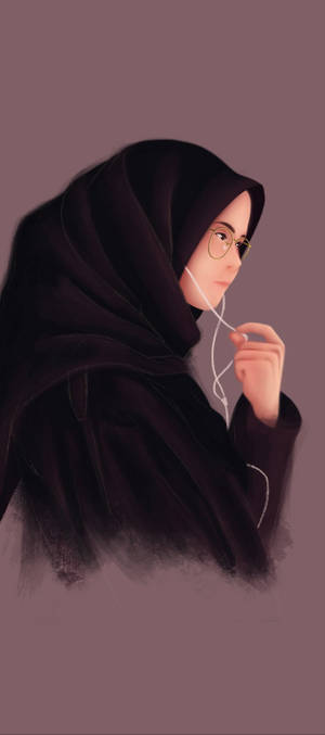 Woman in black hijab and glasses holding white earbuds against mauve background — Music Wallpaper