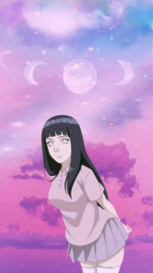 Gadis anime berseragam sekolah di bawah langit ungu dengan banyak bulan dan bintang. — Naruto Wallpaper