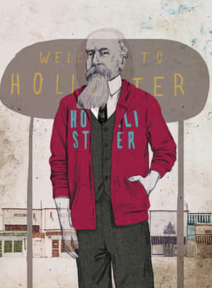Illustrated man in red Hollister hoodie under welcome sign in small town. — iPad Air 13 Wallpaper