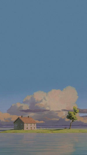A small house on a grassy island surrounded by water under a blue sky with clouds. — Soft Wallpaper
