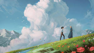 Dos personas pasean por un prado colorido con montañas y nubes al fondo. — Digital Fondos de pantalla