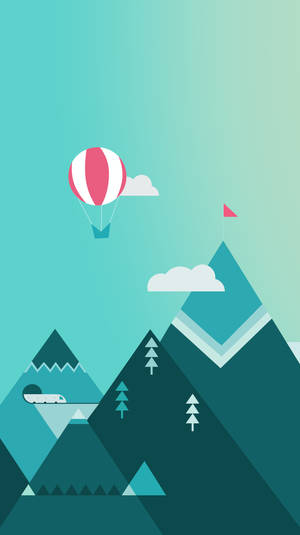 Ballon à air chaud planant au-dessus de montagnes stylisées avec un tunnel ferroviaire et des pins. — Vector Art Fonds d'écran