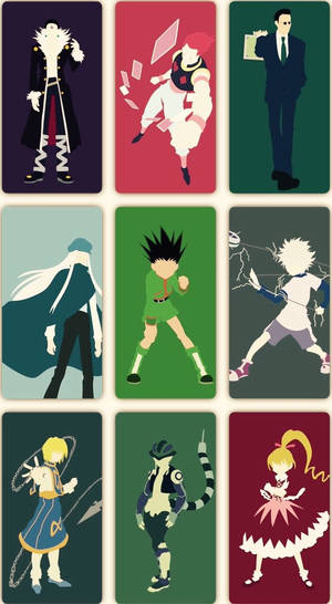 Neuf personnages d'anime dans un style d'affiche minimaliste sur des fonds colorés. — Vector Art Fonds d'écran