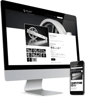 Ein Desktop und ein Smartphone, die eine Hardware-Produktwebsite mit monochromen Bildern und klarem Layout zeigen. — Desktop computer Wallpaper