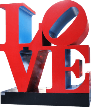 Red LOVE sculpture with blue interior reflections on black base. — Beautiful Artistic Wallpaper