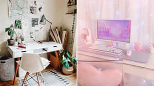Deux bureaux à domicile confortables, l'un avec des plantes et des cartes, l'autre rose lumineux avec un papier peint anime. — Applicable Fonds d'écran