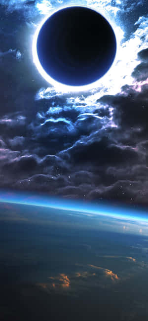 A solar eclipse viewed from space with glowing corona and cloud formations. — iPhone 13 Mini Wallpaper