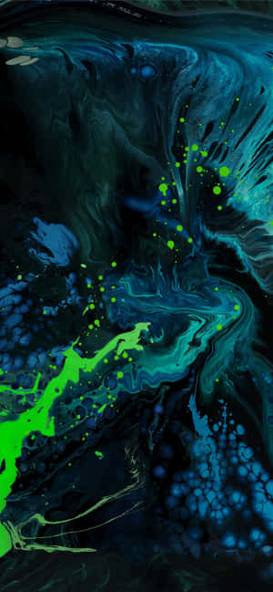Abstract fluid art with neon green splatters on dark blue and black background — iPhone 13 Pro Max Wallpaper