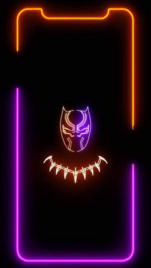 Neon Black Panther mask with glowing teeth framed by purple and orange lines. — iPhone 13 Pro Max Wallpaper