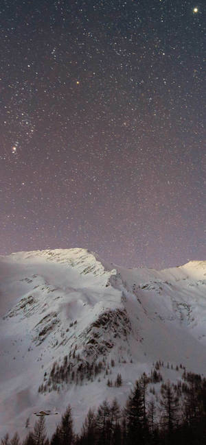 Snowy mountains under a starry night sky with purple auroras. — iPhone 13 Pro Max Wallpaper