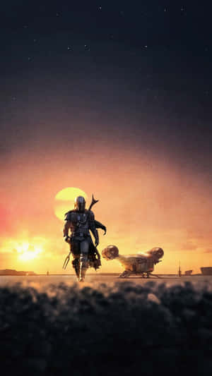 A Mandalorian warrior walks across a desert at sunset with a crashed spacecraft nearby. — iPhone 8 Plus Wallpaper