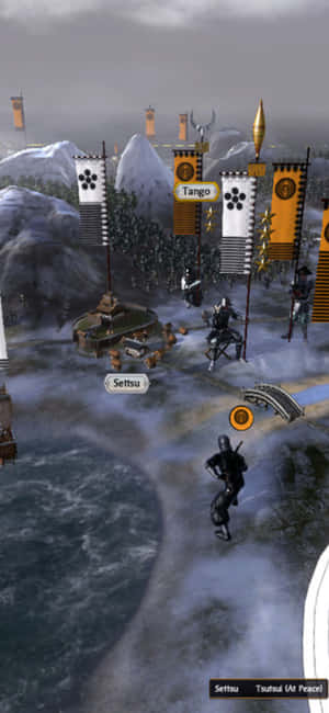 Samurai warriors in snowy battlefield with banners and icy mountains. — Honor Magic Wallpaper