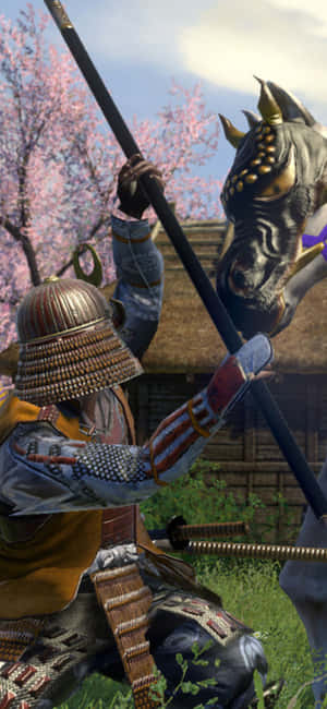 Samurai warrior with rhinoceros mount under cherry blossom trees — Honor Magic Wallpaper