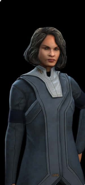 A serious female sci-fi character in a gray uniform against a black background. — iPhone Xs Wallpaper
