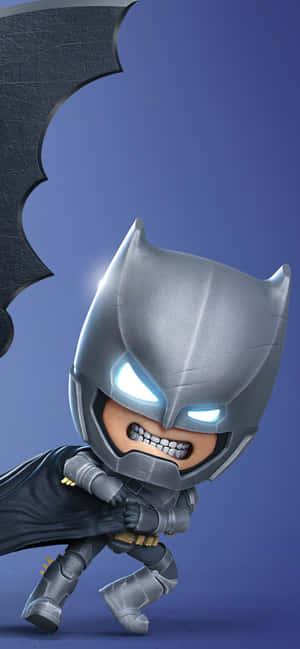 Chibi Batman in silver armor with glowing eyes and bat cape in action pose. — Honor Magic Wallpaper