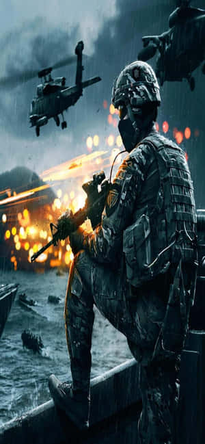 Soldier in rain holding rifle with helicopters and explosions behind — Honor Magic Wallpaper
