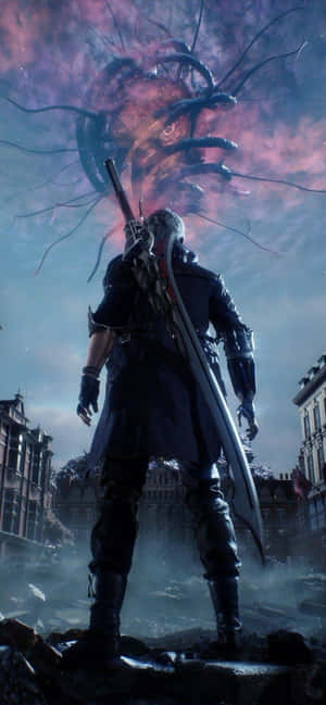 Warrior with swords faces cosmic monster in ruined city at dusk — Honor Magic Wallpaper
