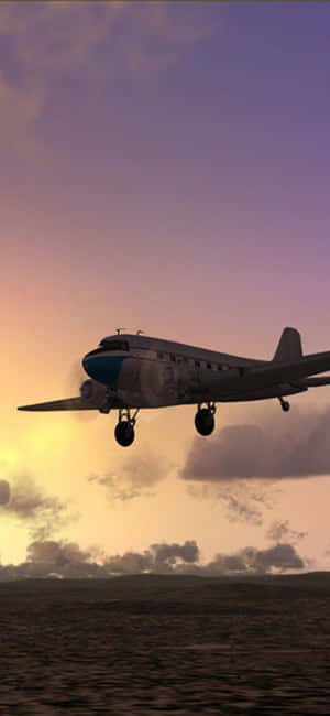 Vintage airplane landing at sunset over a textured landscape. — Honor Magic Wallpaper