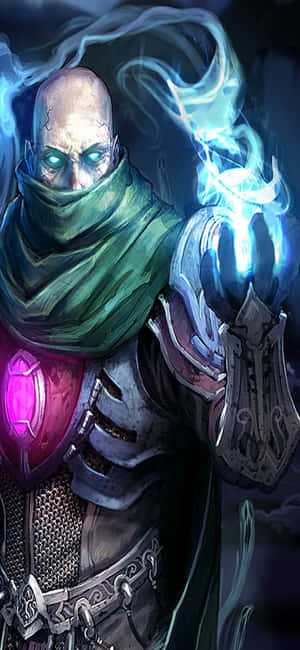 Bald warrior in green cloak and armor channeling blue magical energy. — iPhone Xs Wallpaper