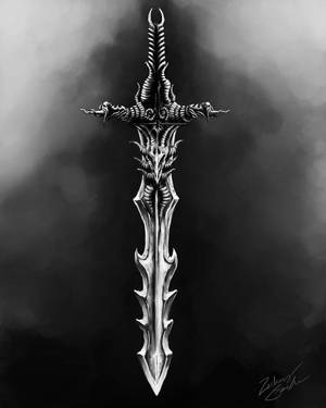 A menacing ornate sword with demonic designs against a dark smoky backdrop. — Best Wallpaper