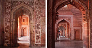 Couloir d'arcs en grès rouge avec motifs d'incrustation blancs dans l'architecture historique indienne. — Bâtiment Fonds d'écran
