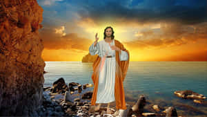 Jesus Christ standing on a rocky beach at sunset with divine rays emanating from behind him. — Best Wallpaper