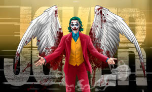 Joker met bebloede engelenvleugels tegen een glitchy gele achtergrond. — Wings Achtergronden