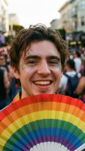 Fondo de pantalla de Young man with glitter face holding rainbow fan at Pride parade