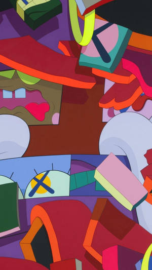 Karya seni digital abstrak dengan bentuk geometris berwarna-warni yang berani. — Kaws Wallpaper