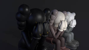 Tiga figur bergaya duduk berbaris menutupi wajah mereka dengan tangan. — Kaws Wallpaper