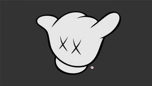 Tangan kartun putih dengan mata X dan titik merah kecil di latar belakang abu-abu gelap. — Kaws Wallpaper