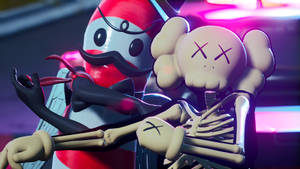 En tegneseriefigur krammer et skelet med X-øjne under glødende neonlys.