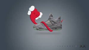 Sepatu kets abu-abu dengan hati kartun merah dan pita mengambang di sampingnya. — Kaws Wallpaper