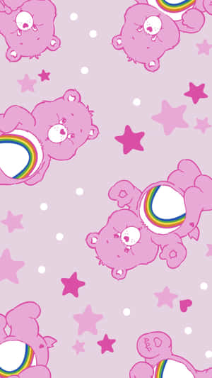 Pink Care Bears with rainbow patches floating among stars and hearts. — Kidcore Wallpaper
