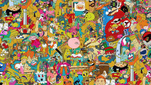 A dense colorful illustration of many cartoon characters from different shows. — Kidcore Wallpaper