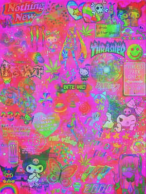A vibrant pink collage filled with stickers skulls anime characters and retro text. — Kidcore Wallpaper